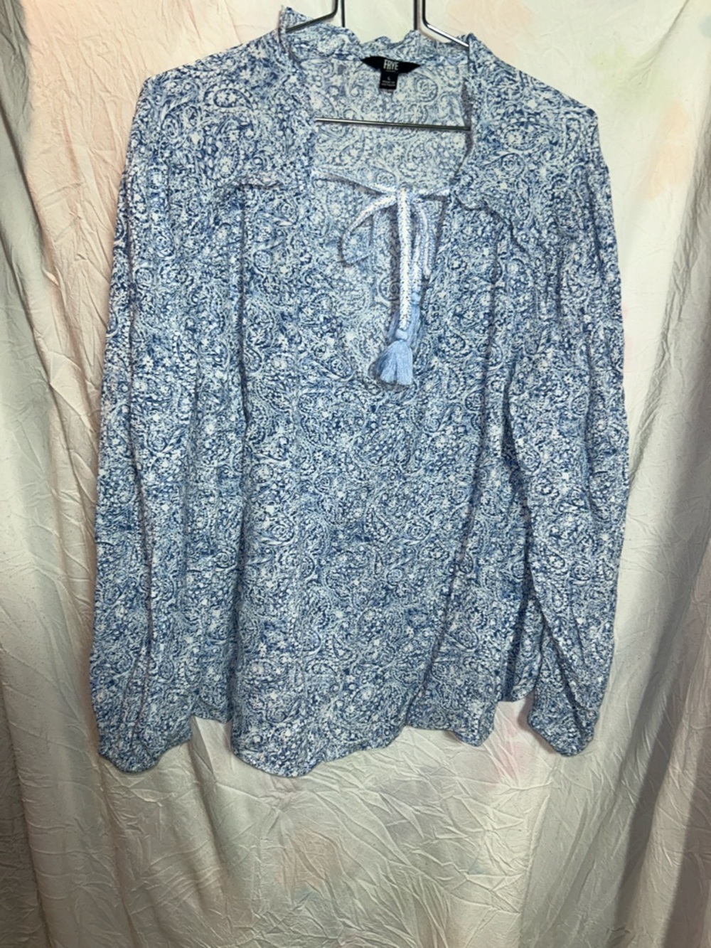 Frye Blue Paisley Tie-Neck Blouse size large. Excellent condition.
